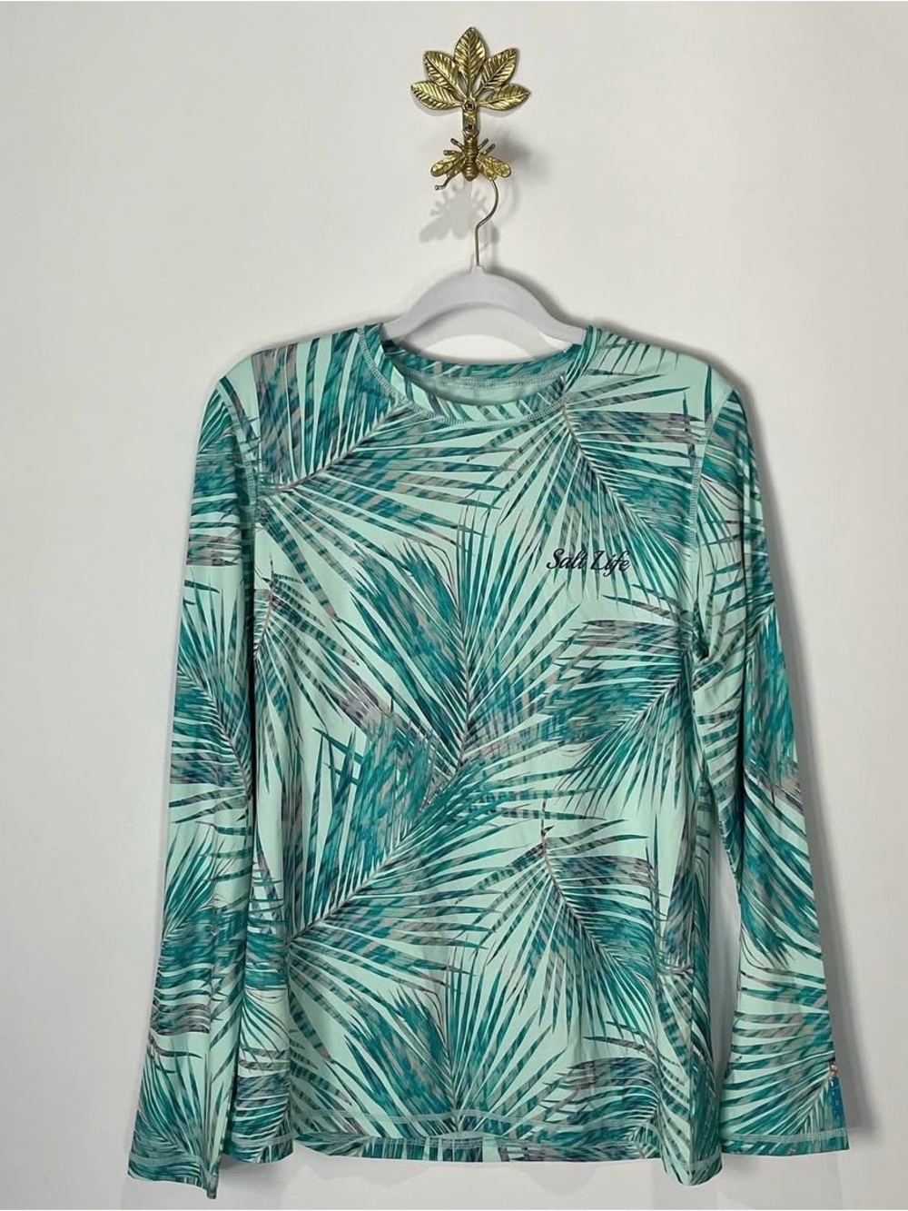 Salt Life Teal & White Palm-Print Long Sleeve Swim Top